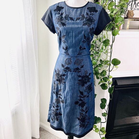 eShakti Denim Lightweight Cotton Blue & Black Embroidered Comfy Dress - Sz Med 8 - Picture 1 of 11
